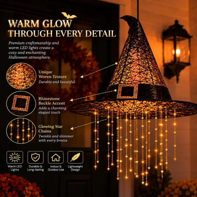 Alt view image 4 of 7 - Hanging Witch Hats with Lights, Glowing Halloween Witch Hat with Cascading