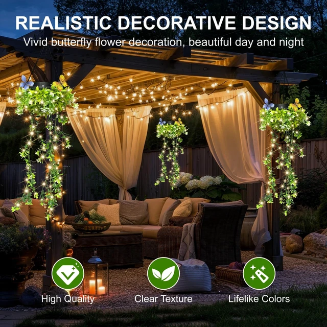 Alt view image 4 of 7 - Solar Hanging Garden Lights, 2 Pack 66 LED Outdoor Lights with Realistic Milan Grass & White Flowers, IP65 Waterproof Solar Lanterns for Patio, Porch, Fence, Pergola & Backyard Decor, Auto On/Off