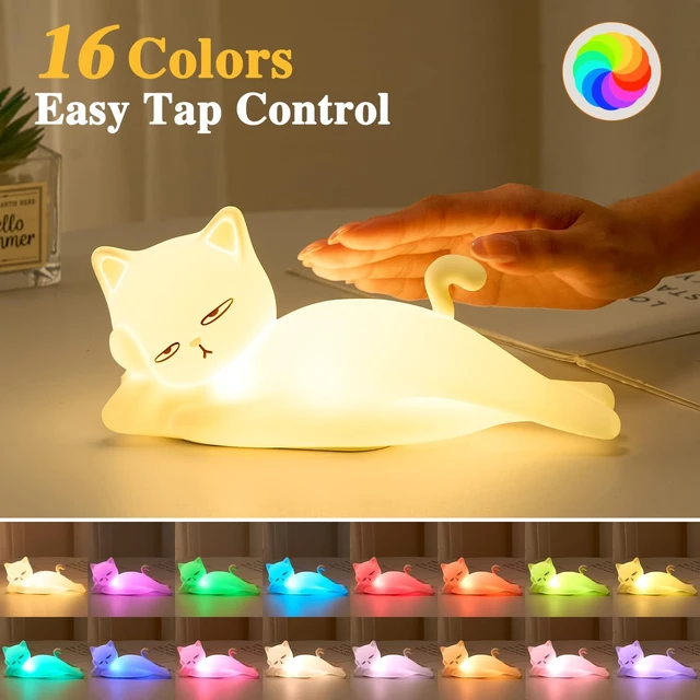 Alt view image 3 of 7 - Lying Cat Lamp Funny Gifts, 16 Colors+5 Dimming+Silicone Random Stuff, Touch+Remote+Recharge Night Light, Unique Cool Lamp,Cute Weird Stuff, Squishy Cat White Elephant Gifts for Women/Men/Teens/Kids