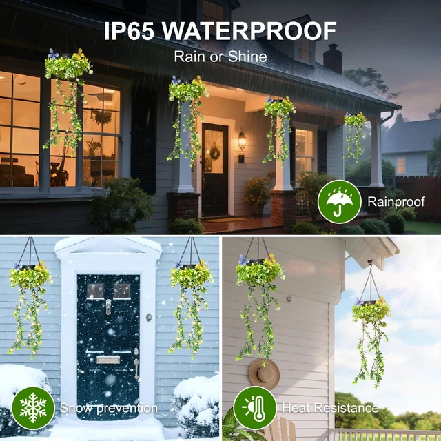 Alt view image 5 of 7 - Solar Hanging Garden Lights, 2 Pack 66 LED Outdoor Lights with Realistic Milan Grass & White Flowers, IP65 Waterproof Solar Lanterns for Patio, Porch, Fence, Pergola & Backyard Decor, Auto On/Off