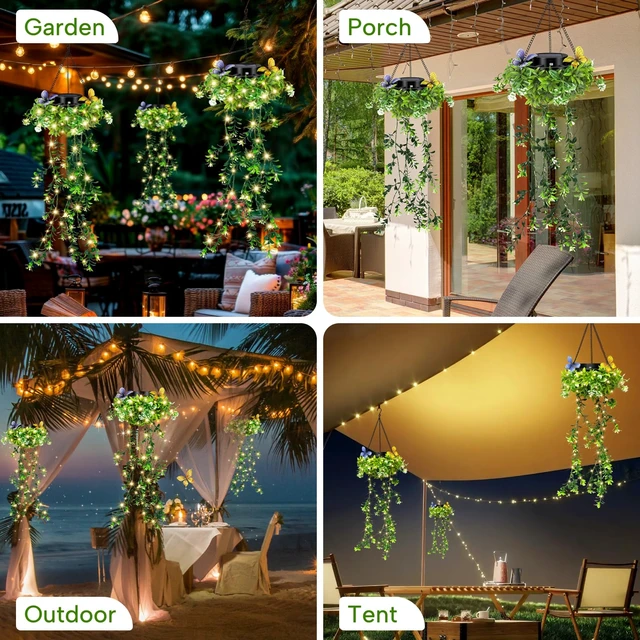 Alt view image 6 of 7 - Solar Hanging Garden Lights, 2 Pack 66 LED Outdoor Lights with Realistic Milan Grass & White Flowers, IP65 Waterproof Solar Lanterns for Patio, Porch, Fence, Pergola & Backyard Decor, Auto On/Off