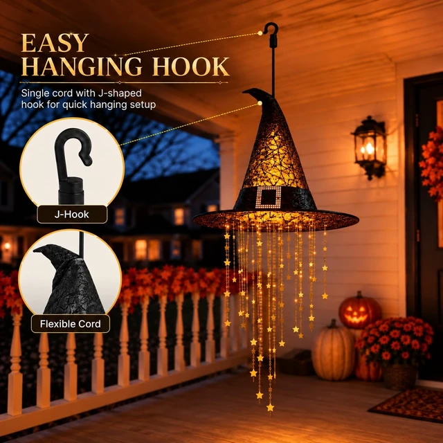 Alt view image 6 of 7 - Hanging Witch Hats with Lights, Glowing Halloween Witch Hat with Cascading