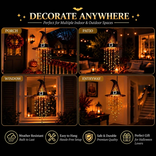 Alt view image 7 of 7 - Hanging Witch Hats with Lights, Glowing Halloween Witch Hat with Cascading