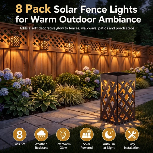 Alt view image 5 of 7 - Solar Fence Lights Outdoor, 8 Pack Decorative Solar Lights with Warm Glow
