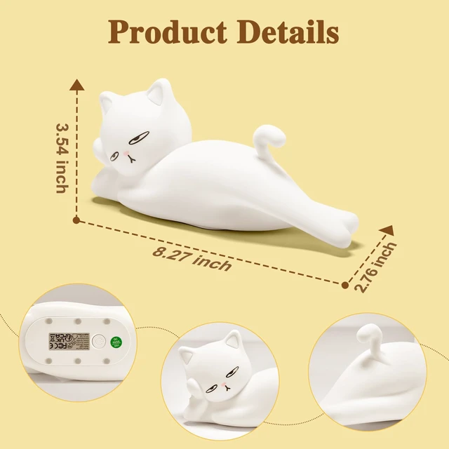 Alt view image 7 of 7 - Lying Cat Lamp Funny Gifts, 16 Colors+5 Dimming+Silicone Random Stuff, Touch+Remote+Recharge Night Light, Unique Cool Lamp,Cute Weird Stuff, Squishy Cat White Elephant Gifts for Women/Men/Teens/Kids