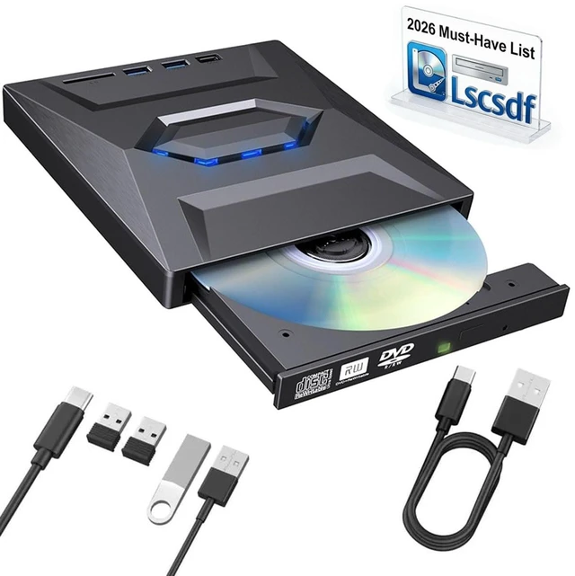 Main image of Lscsdf 7-in-1 External USB DVD Drive Player, USB 3.0 Type-C Portable CD DVD ROM Rw Burner Writer with 3 USB Ports, Sd/Tf Card Slots for Laptop Desktop Mac MacBook Windows 11/10/7