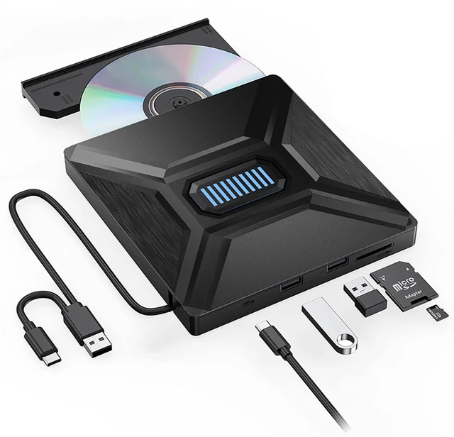 Main image of 5-in-1 Extemal CD/DVD Drive for Laptop,USB 3.0 & Type-C Portable CD/DVD Rw Burner with SD/TF Card Reader &DVD-ROM Rewritable Player,Compatible with Pc Desktop, Windows11/10/8/7 Linux Mac os