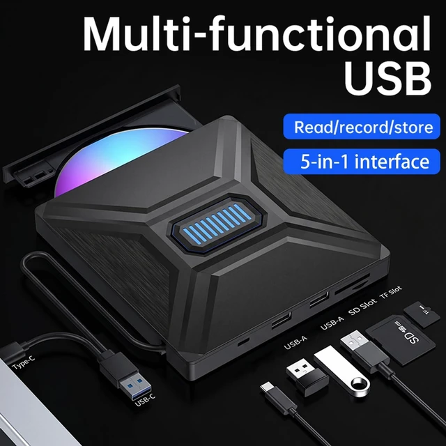 Alt view image 2 of 7 - 5-in-1 Extemal CD/DVD Drive for Laptop,USB 3.0 & Type-C Portable CD/DVD Rw Burner with SD/TF Card Reader &DVD-ROM Rewritable Player,Compatible with Pc Desktop, Windows11/10/8/7 Linux Mac os