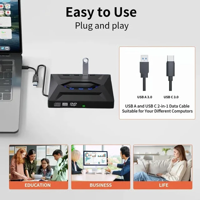 Alt view image 5 of 7 - Lscsdf 7-in-1 External USB DVD Drive Player, USB 3.0 Type-C Portable CD DVD ROM Rw Burner Writer with 3 USB Ports, Sd/Tf Card Slots for Laptop Desktop Mac MacBook Windows 11/10/7