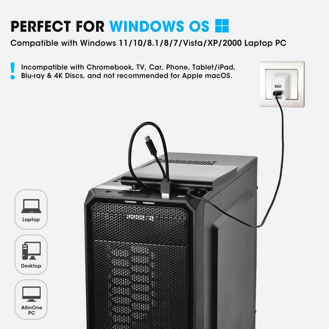 Alt view image 2 of 7 - ROOFULL External CD DVD Drive for Windows 11/10/7 Laptop PC, USB 3.0 & USB-C CD DVD ROM Reader Writer +/-RW Disc Drive Burner Player Compatible for Windows OS Laptop Desktop Computer
