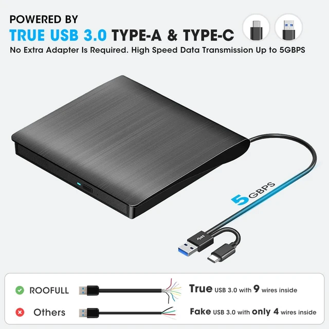 Alt view image 3 of 7 - ROOFULL External CD DVD Drive for Windows 11/10/7 Laptop PC, USB 3.0 & USB-C CD DVD ROM Reader Writer +/-RW Disc Drive Burner Player Compatible for Windows OS Laptop Desktop Computer