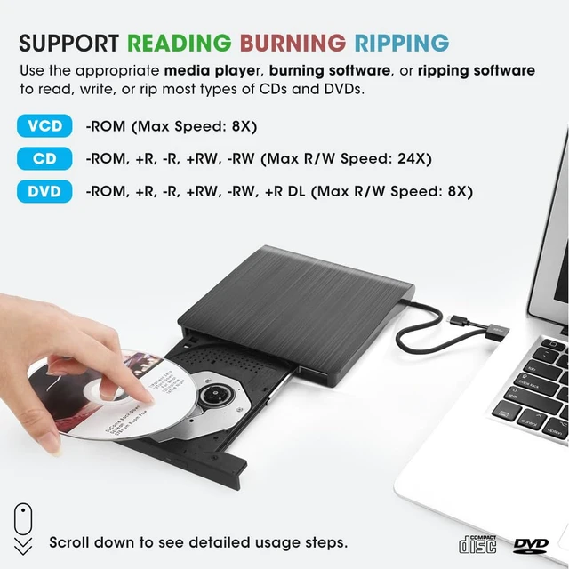 Alt view image 4 of 7 - ROOFULL External CD DVD Drive for Windows 11/10/7 Laptop PC, USB 3.0 & USB-C CD DVD ROM Reader Writer +/-RW Disc Drive Burner Player Compatible for Windows OS Laptop Desktop Computer