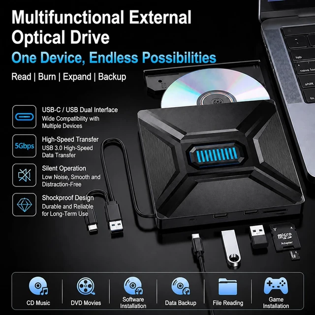 Alt view image 7 of 7 - 5-in-1 Extemal CD/DVD Drive for Laptop,USB 3.0 & Type-C Portable CD/DVD Rw Burner with SD/TF Card Reader &DVD-ROM Rewritable Player,Compatible with Pc Desktop, Windows11/10/8/7 Linux Mac os