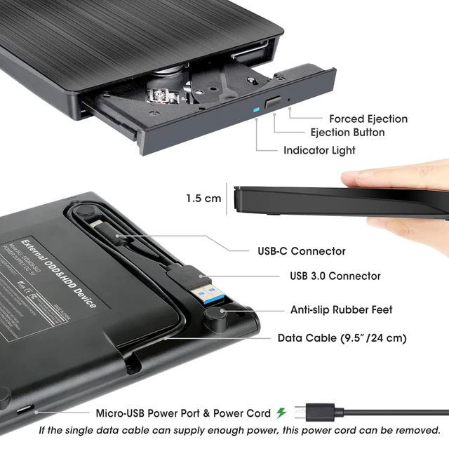 Alt view image 6 of 7 - ROOFULL External CD DVD Drive for Windows 11/10/7 Laptop PC, USB 3.0 & USB-C CD DVD ROM Reader Writer +/-RW Disc Drive Burner Player Compatible for Windows OS Laptop Desktop Computer