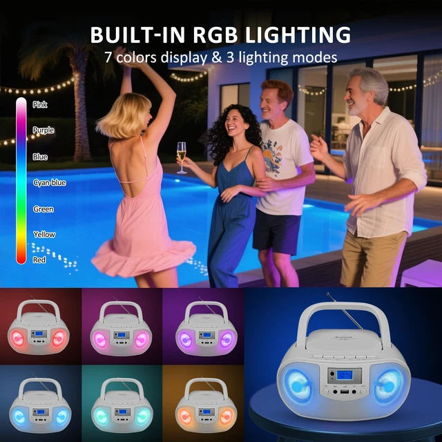Alt view image 3 of 7 - Portable Stereo CD Player Boombox, FM Radio with Bluetooth, Remote Control,CD Players for Home with Headphone/Mic Jack, LED Light Support CD-R/RW/MP3, USB, AC/Battery Operated, White