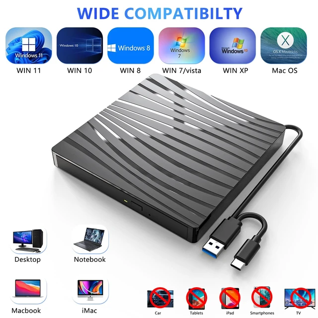 Alt view image 2 of 6 - External CD/DVD Drive for Laptop, USB C Portable CD DVD +/-RW Burner Optical Drive Reader Writer DVD Player for Laptop iMac PC Desktop MacBook, Windows 11/10/8/7/XP/Linux/MacOS Schwarz