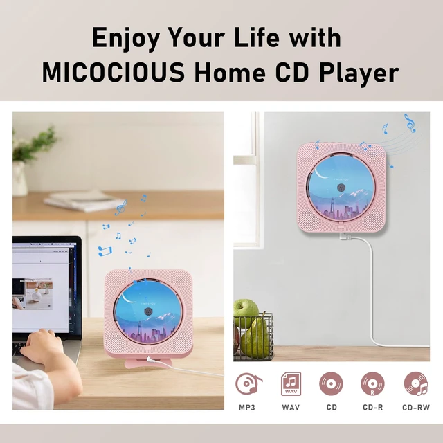 Alt view image 7 of 7 - MICOCIOUS Portable CD Player with Bluetooth Desktop CD Player for Home CD Music Players with Remote Control,Timer,Built-in Dual Speakers with LED Display Home Audio Boombox FM Radio (Pink)