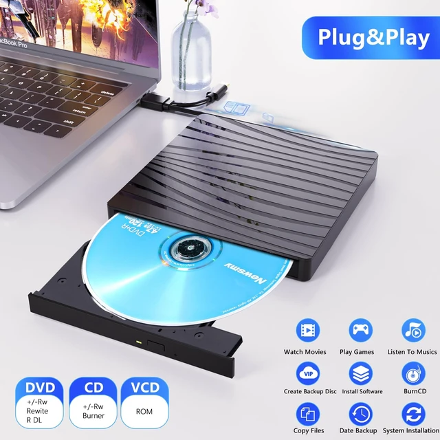 Alt view image 3 of 6 - External CD/DVD Drive for Laptop, USB C Portable CD DVD +/-RW Burner Optical Drive Reader Writer DVD Player for Laptop iMac PC Desktop MacBook, Windows 11/10/8/7/XP/Linux/MacOS Schwarz
