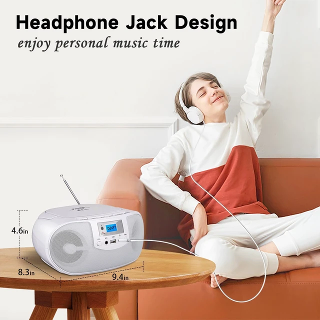 Alt view image 7 of 7 - Portable Stereo CD Player Boombox, FM Radio with Bluetooth, Remote Control,CD Players for Home with Headphone/Mic Jack, LED Light Support CD-R/RW/MP3, USB, AC/Battery Operated, White