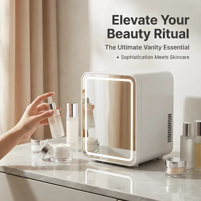 Alt view image 3 of 7 - Lispin Mini Fridge for Bedroom, 4L Skincare Fridge with Dimmable LED Light Mirror for Dorm & Office, Portable Cooler & Warmer Small Compact Refrigerator for Skincare, Makeup and Cosmetics