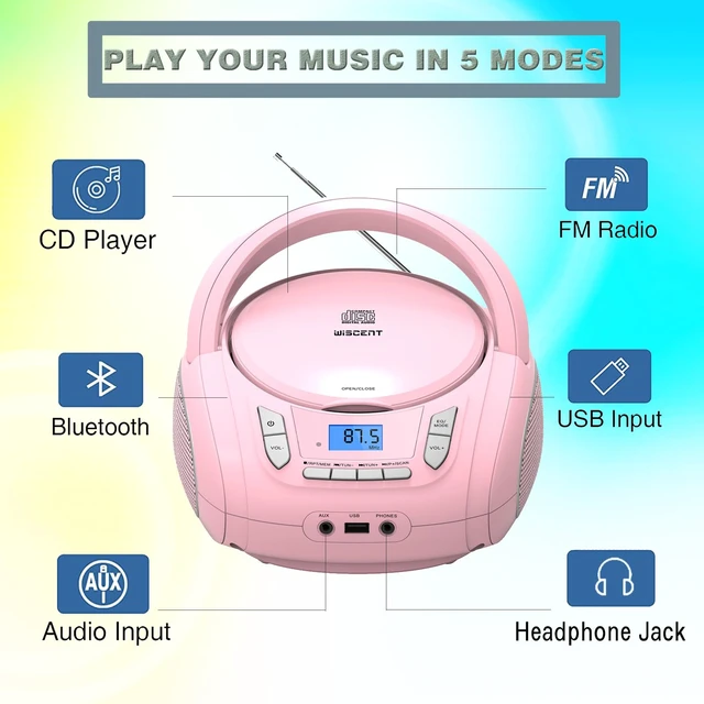 Alt view image 2 of 7 - Portable CD Player Boombox with Bluetooth,FM Radio,USB MP3 Playback,AUX-in,Headphone Jack,CD-R/RW and MP3 CDs Compatible,Small CD Player for Home or Outdoor