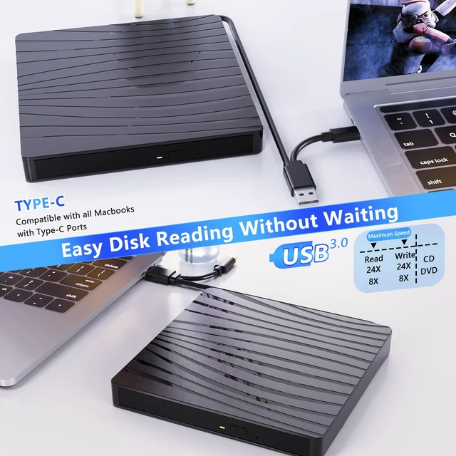 Alt view image 5 of 6 - External CD/DVD Drive for Laptop, USB C Portable CD DVD +/-RW Burner Optical Drive Reader Writer DVD Player for Laptop iMac PC Desktop MacBook, Windows 11/10/8/7/XP/Linux/MacOS Schwarz