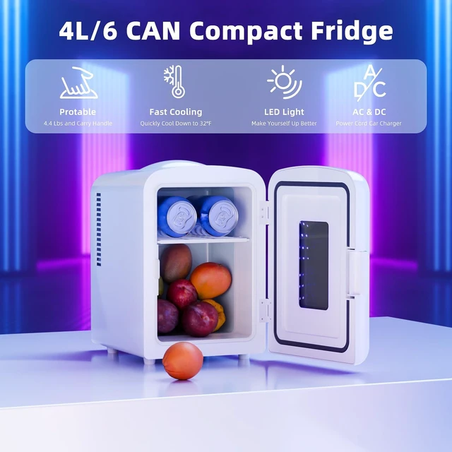 Alt view image 2 of 7 - Antarctic Star Small Compact Refrigerator With LED Light, 4L Capacity/6 Cans Portable Mini Fridge, for Bedroom,Car,Office and Dorm, Small Cooler for Cosmetics, Beverage and Food, White