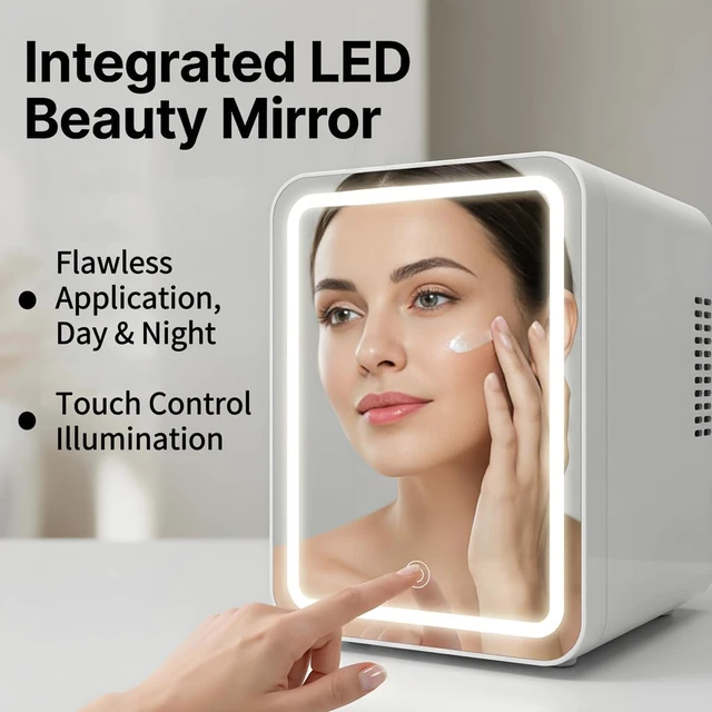 Alt view image 4 of 7 - Lispin Mini Fridge for Bedroom, 4L Skincare Fridge with Dimmable LED Light Mirror for Dorm & Office, Portable Cooler & Warmer Small Compact Refrigerator for Skincare, Makeup and Cosmetics