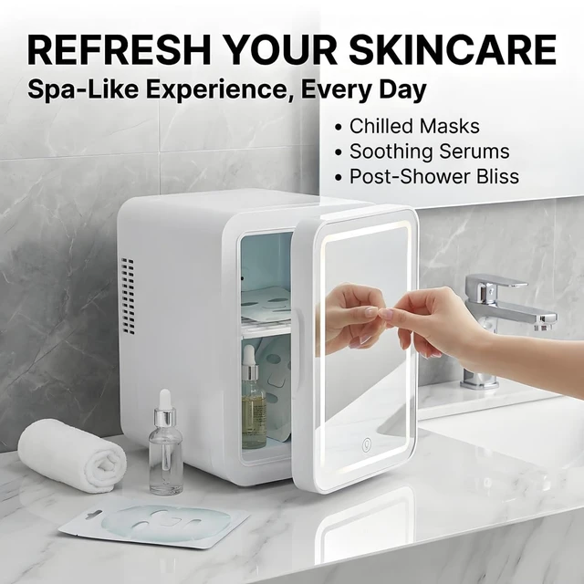 Alt view image 5 of 7 - Lispin Mini Fridge for Bedroom, 4L Skincare Fridge with Dimmable LED Light Mirror for Dorm & Office, Portable Cooler & Warmer Small Compact Refrigerator for Skincare, Makeup and Cosmetics