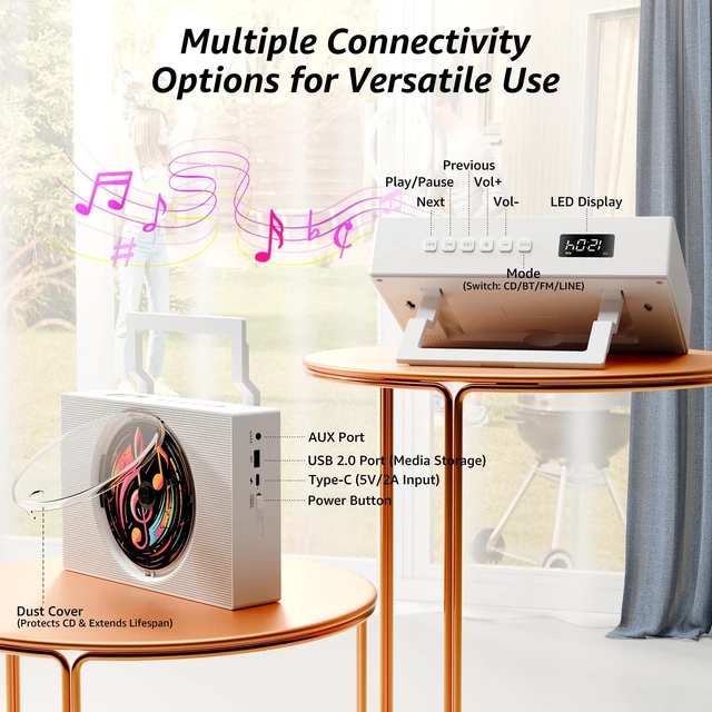Alt view image 7 of 7 - ROADOM Portable CD Player Boombox with Bluetooth, Rechargeable & FM Radio