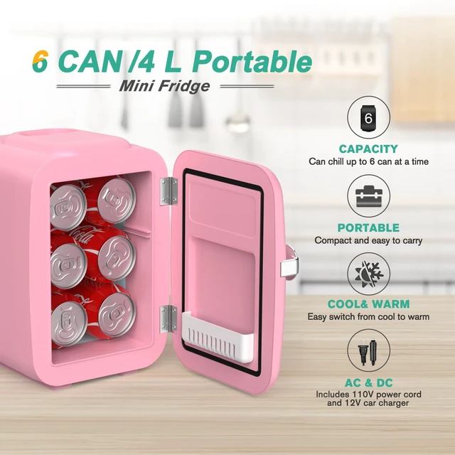 Alt view image 2 of 6 - CROWNFUL Mini Fridge, 4 Liter/6 Can Portable Cooler and Warmer Personal Refrigerator for Skin Care, Cosmetics, Beverage, Food,Great for Bedroom, Office, Car, Dorm, ETL Listed (Pink)