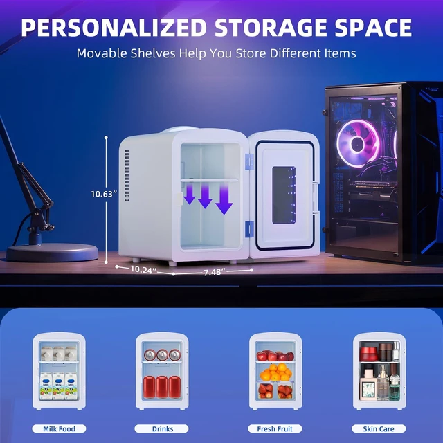 Alt view image 7 of 7 - Antarctic Star Small Compact Refrigerator With LED Light, 4L Capacity/6 Cans Portable Mini Fridge, for Bedroom,Car,Office and Dorm, Small Cooler for Cosmetics, Beverage and Food, White