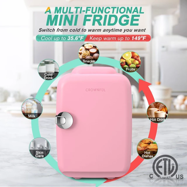 Alt view image 3 of 6 - CROWNFUL Mini Fridge, 4 Liter/6 Can Portable Cooler and Warmer Personal Refrigerator for Skin Care, Cosmetics, Beverage, Food,Great for Bedroom, Office, Car, Dorm, ETL Listed (Pink)