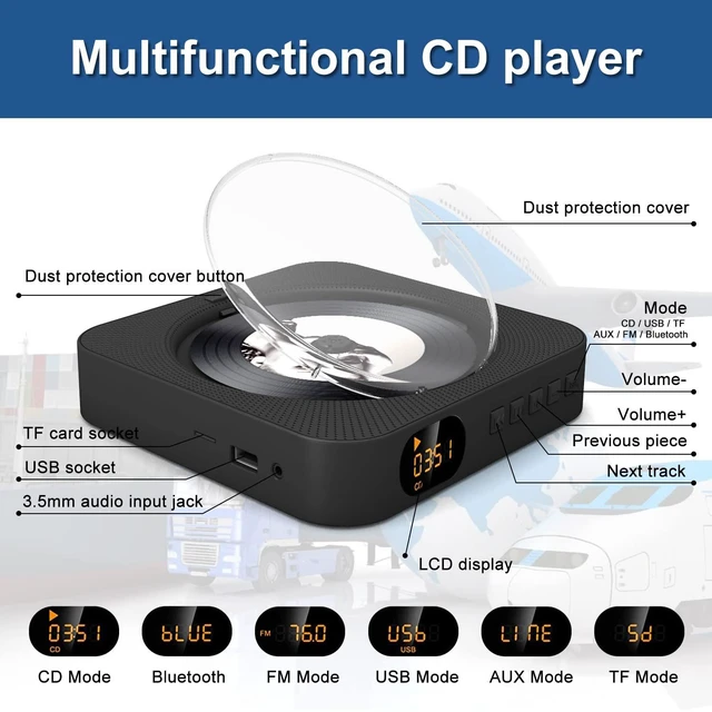 Alt view image 3 of 6 - MICOCIOUS Portable CD Player with Bluetooth Desktop CD Player for Home CD Music Players withTimer,Built-in Dual Speakers with LED Display Home Audio Boombox FM Radio (Black)