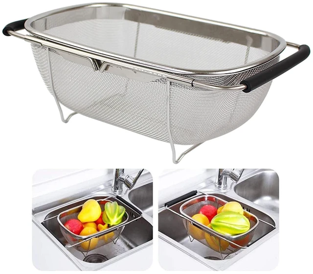 Main image of AJIODA Over The Sink Colander, 4 Quarts Stainless Steel Oval Colander with Expandable Rubber Grip Handle, Fine Mesh Strainer Baskets Kitchen Colanders for Strain, Drain, Rinse Vegetable, Fruits, Black