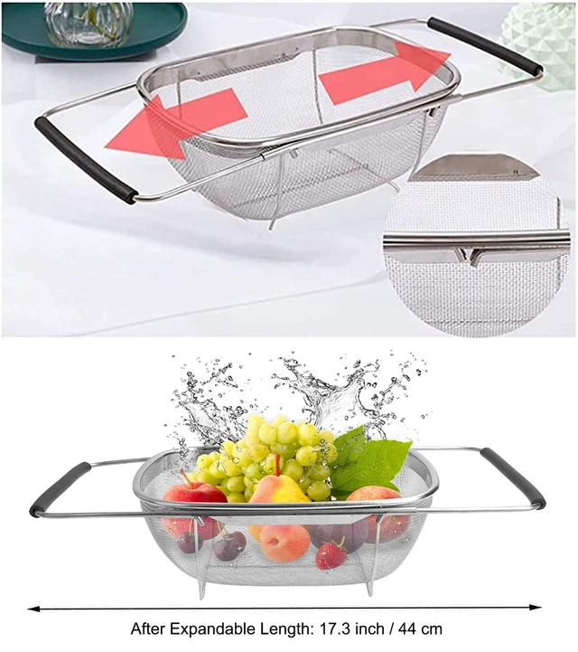 Alt view image 2 of 7 - AJIODA Over The Sink Colander, 4 Quarts Stainless Steel Oval Colander with Expandable Rubber Grip Handle, Fine Mesh Strainer Baskets Kitchen Colanders for Strain, Drain, Rinse Vegetable, Fruits, Black