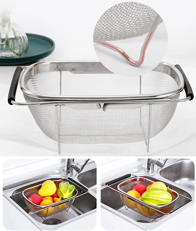 Alt view image 5 of 7 - AJIODA Over The Sink Colander, 4 Quarts Stainless Steel Oval Colander with Expandable Rubber Grip Handle, Fine Mesh Strainer Baskets Kitchen Colanders for Strain, Drain, Rinse Vegetable, Fruits, Black