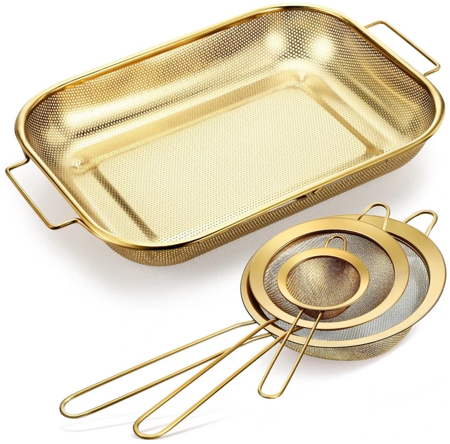 Main image of LemonRoad Gold Over the Sink Colander with Expandable Handles and 3 Pcs Gold Fine Mesh Strainer Large Stainless Steel Colander Strainer Basket for Kitchen Accessories (15-18.1 L x 10.6 W x 2.4 H)