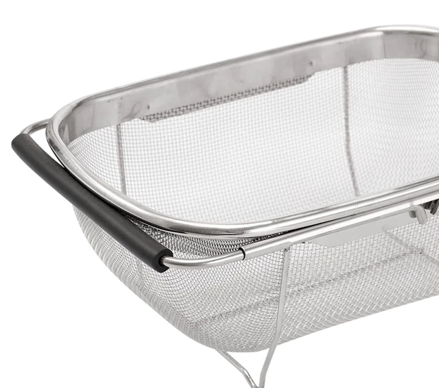 Alt view image 6 of 7 - AJIODA Over The Sink Colander, 4 Quarts Stainless Steel Oval Colander with Expandable Rubber Grip Handle, Fine Mesh Strainer Baskets Kitchen Colanders for Strain, Drain, Rinse Vegetable, Fruits, Black
