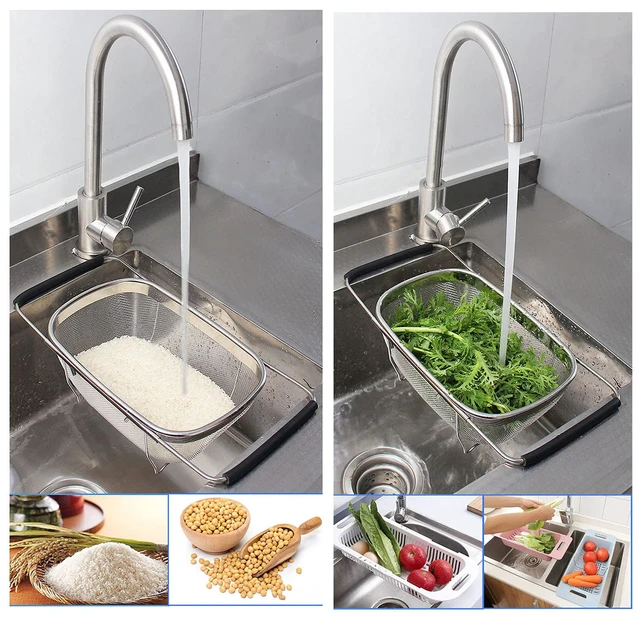 Alt view image 7 of 7 - AJIODA Over The Sink Colander, 4 Quarts Stainless Steel Oval Colander with Expandable Rubber Grip Handle, Fine Mesh Strainer Baskets Kitchen Colanders for Strain, Drain, Rinse Vegetable, Fruits, Black
