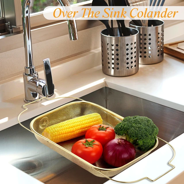 Alt view image 2 of 7 - LemonRoad Gold Over the Sink Colander with Expandable Handles and 3 Pcs Gold Fine Mesh Strainer Large Stainless Steel Colander Strainer Basket for Kitchen Accessories (15-18.1 L x 10.6 W x 2.4 H)