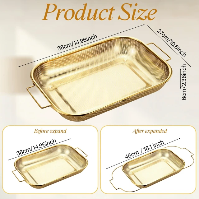Alt view image 3 of 7 - LemonRoad Gold Over the Sink Colander with Expandable Handles and 3 Pcs Gold Fine Mesh Strainer Large Stainless Steel Colander Strainer Basket for Kitchen Accessories (15-18.1 L x 10.6 W x 2.4 H)