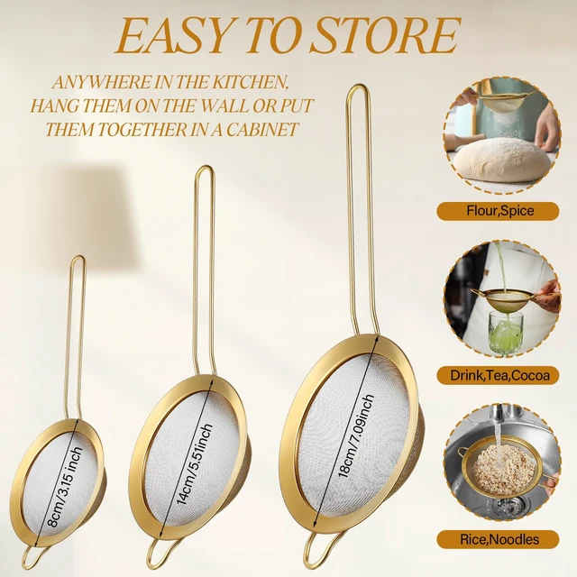 Alt view image 4 of 7 - LemonRoad Gold Over the Sink Colander with Expandable Handles and 3 Pcs Gold Fine Mesh Strainer Large Stainless Steel Colander Strainer Basket for Kitchen Accessories (15-18.1 L x 10.6 W x 2.4 H)