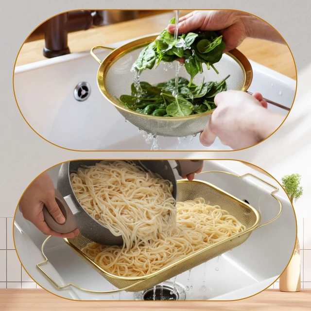 Alt view image 6 of 7 - LemonRoad Gold Over the Sink Colander with Expandable Handles and 3 Pcs Gold Fine Mesh Strainer Large Stainless Steel Colander Strainer Basket for Kitchen Accessories (15-18.1 L x 10.6 W x 2.4 H)
