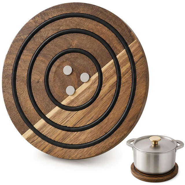 Main image of Wood Round Pot Holder, 8 in Metal-Adhering Heat Safe Trivet with Non-Slip Silicone Rings, Kitchen Wooden Hot Pad for Cast Iron Pots, Pans and Hot Dishes