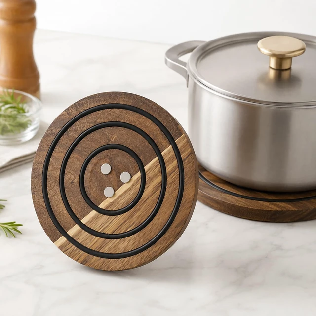 Alt view image 2 of 6 - Wood Round Pot Holder, 8 in Metal-Adhering Heat Safe Trivet with Non-Slip Silicone Rings, Kitchen Wooden Hot Pad for Cast Iron Pots, Pans and Hot Dishes