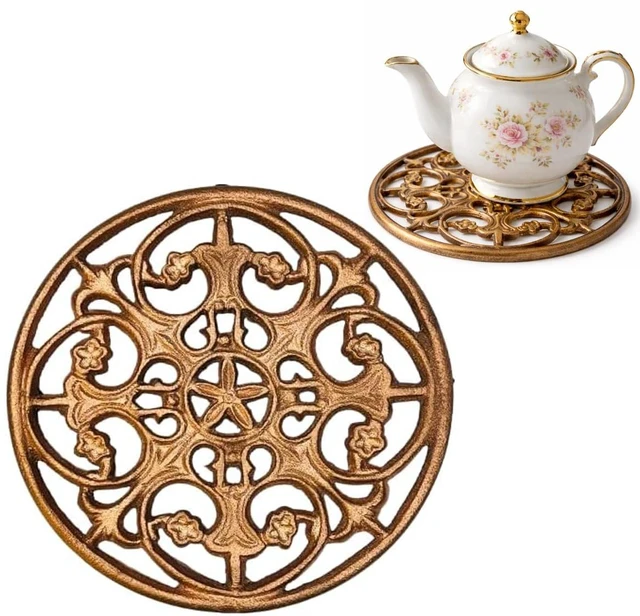 Main image of MAI 1Pcs Round Cast Iron Trivet - Round Metal Trivets with Rubber Feet Caps,Rustic Cast Iron Hot Dish Plate Holder, Pan Plate Teapot for Kitchen Dining Table Countertop Cooktop (Copper)