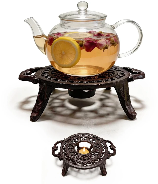 Main image of Cast Iron Teapot Warmer, Round Tea Warmer with Double Eared Design & Tealight Holder, Heavy Duty Trivet for Heating Tea Coffee Milk, Vintage Rustic Decorative Stand for Teapots Cups Dishes