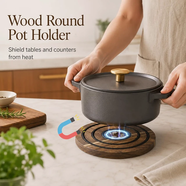 Alt view image 3 of 6 - Wood Round Pot Holder, 8 in Metal-Adhering Heat Safe Trivet with Non-Slip Silicone Rings, Kitchen Wooden Hot Pad for Cast Iron Pots, Pans and Hot Dishes