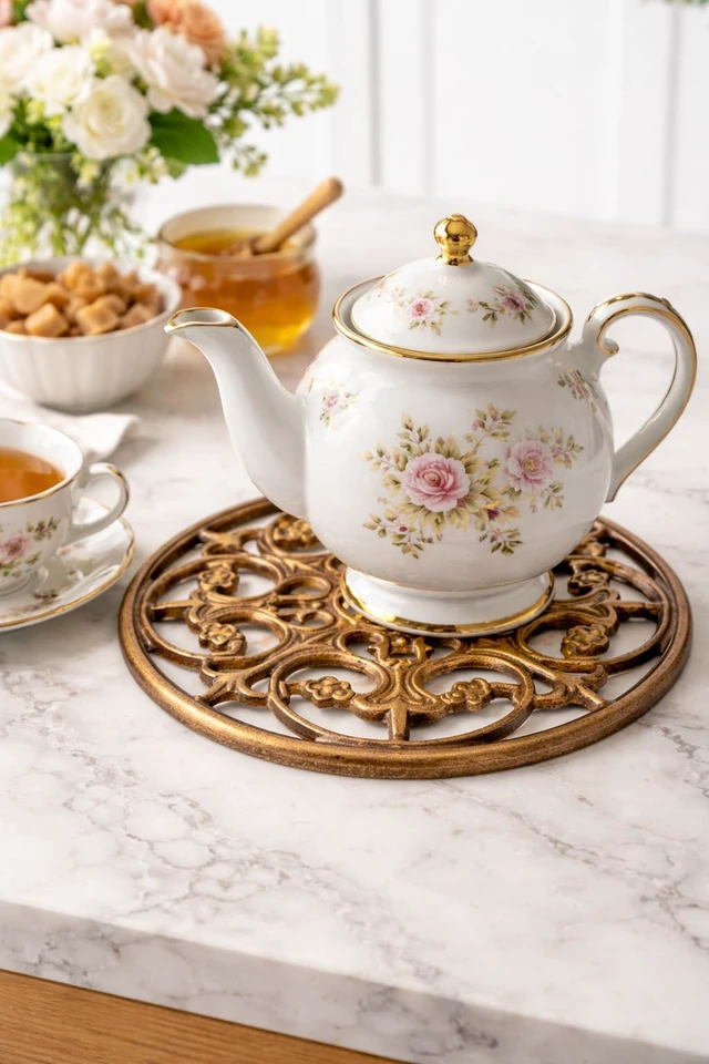Alt view image 3 of 7 - MAI 1Pcs Round Cast Iron Trivet - Round Metal Trivets with Rubber Feet Caps,Rustic Cast Iron Hot Dish Plate Holder, Pan Plate Teapot for Kitchen Dining Table Countertop Cooktop (Copper)